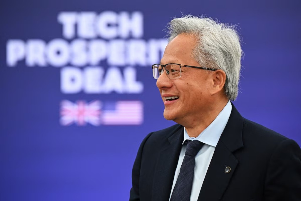 Nvidia CEO Jensen Huang attends a press conference by U.S. President Donald Trump and UK Prime Minister Keir Starmer at Chequers at the conclusion of a state visit on September 18, 2025 in Aylesbury, England. Leon Neal/Pool via REUTERS