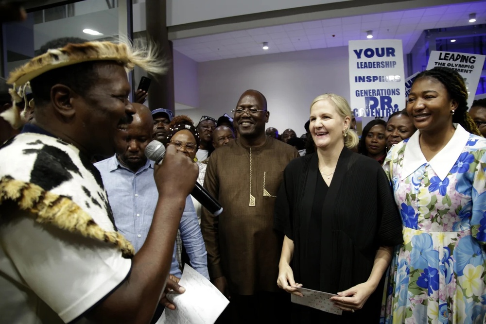 Newly elected International Olympic Committee IOC President Kirsty Coventry, second from right, is welcomed by officials at the Robert Gabriel Mugabe airport in Harare, Zimbabwe, Sunday, March 23, 2025. (AP) Newly elected International Olympic Committee IOC President Kirsty Coventry, second from right, is welcomed by officials at the Robert Gabriel Mugabe airport in Harare, Zimbabwe, Sunday, March 23, 2025. (AP)