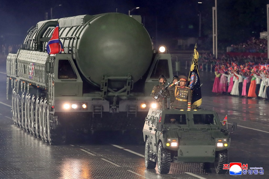 his picture taken on October 10, 2025 and released from North Korea's official Korean Central News Agency (KCNA) on October 11, 2025 shows the Hwasong-20, a new intercontinental ballistic missile (ICBM), during the military parade to celebrate the 80th founding anniversary of the Workers' Party of Korea in Pyongyang. (Photo by KCNA VIA KNS / AFP)