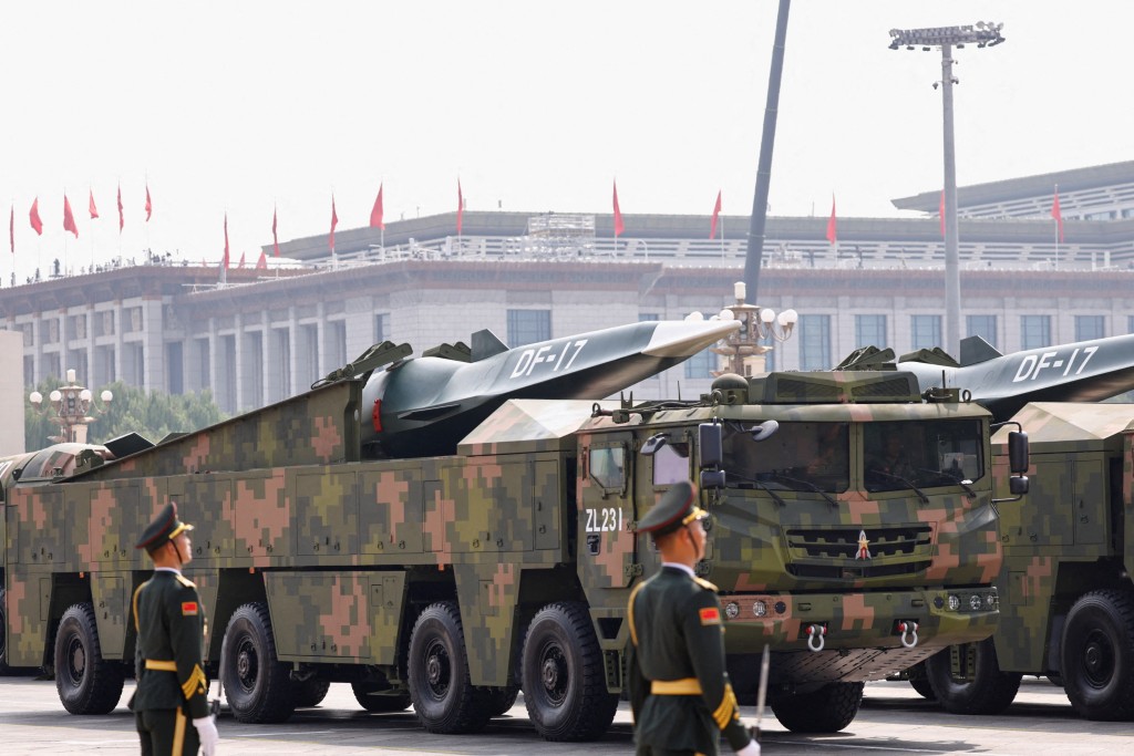 DF-17 hypersonic missiles are displayed during a military parade to mark the 80th anniversary of the end of World War Two, in Beijing, China, September 3, 2025. (Reuters)