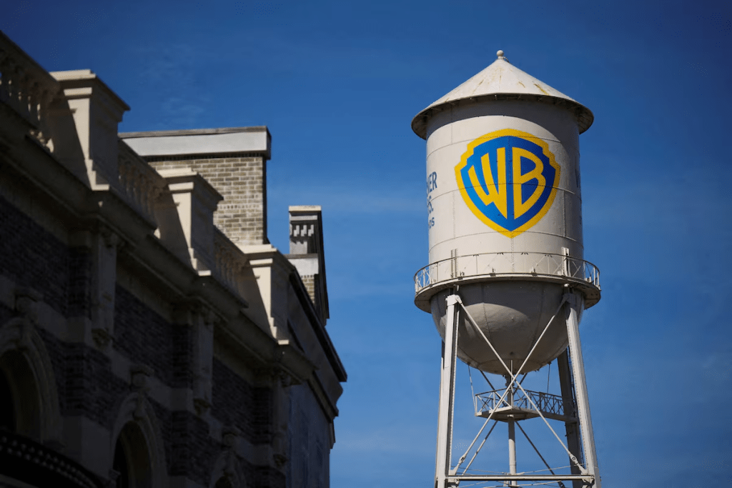 The Warner Bros. Water Tower is pictured at Warner Bros. Studios in Burbank, California, U.S. February 27, 2026. REUTERS/Daniel Cole/File Photo