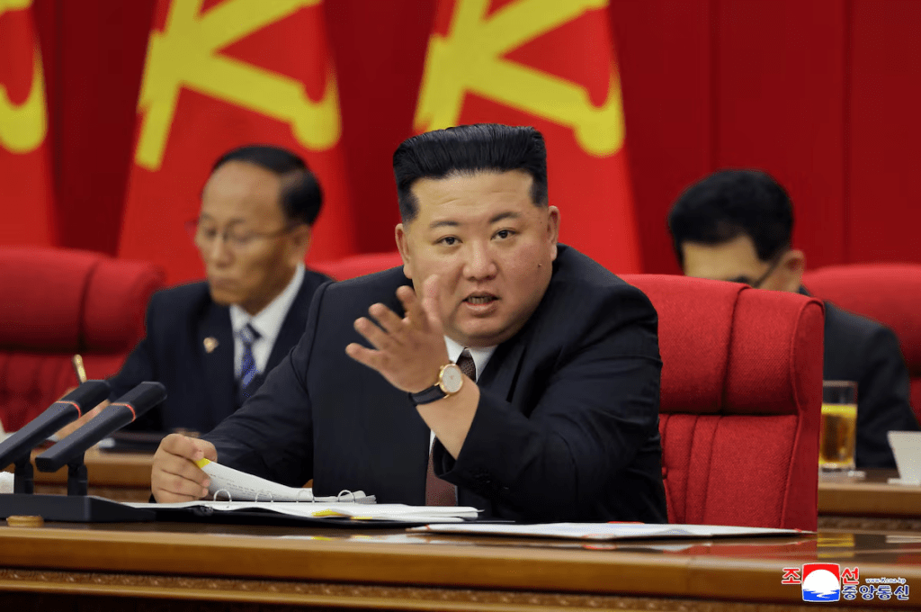 North Korean leader Kim Jong Un speaks during the second plenary meeting of the Ninth Central Committee of the Workers' Party of Korea (WPK), in Pyongyang, North Korea, in this picture released June 23, 2026, by North Korea's official Korean Central News Agency. KCNA via REUTERS/File Photo 