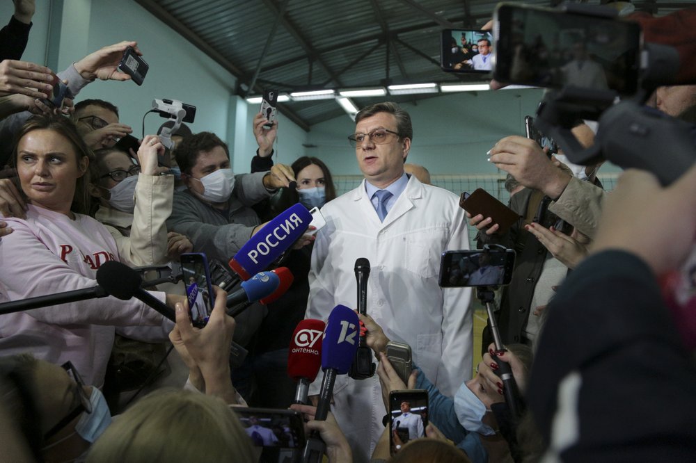 Alexander Murakhovsky, chief physician of the Omsk Ambulance Hospital No. 1, intensive care unit where Alexei Navalny was hospitalized speaks to the media in Omsk, Russia, Friday.