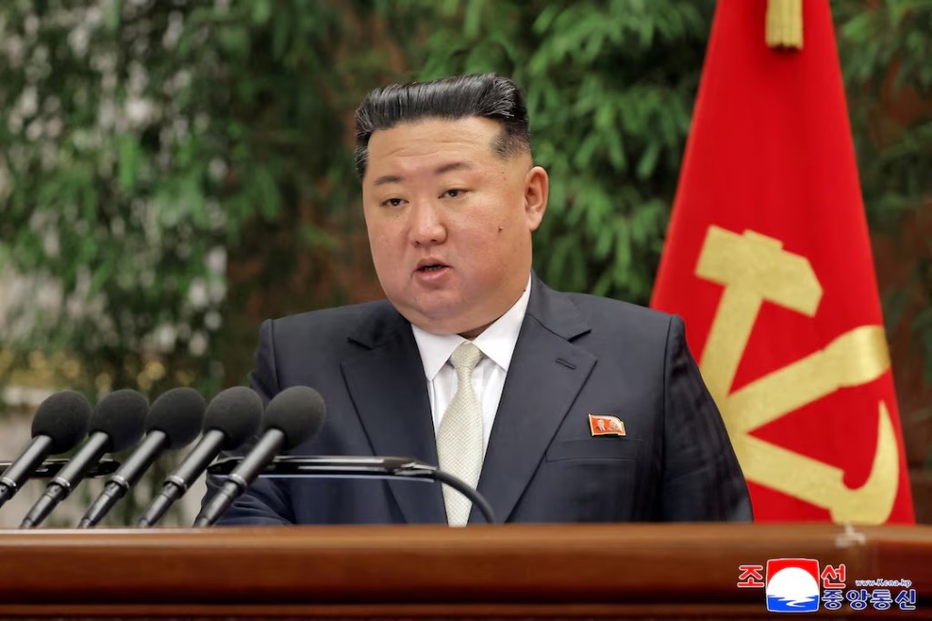 North Korean leader Kim Jong Un speaks during the expanded meeting of the first plenary meeting of the Ninth Central Committee of the Workers' Party of Korea (WPK), in Pyongyang, North Korea, February 23, 2026, in this picture released February 24, 2026, by North Korea's official Korean Central News Agency. KCNA via REUTERS