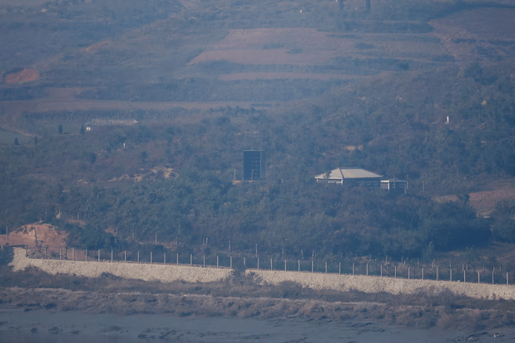 North Korea’s loud speaker is seen at North Korea's propaganda village Kaepoong, in this picture taken from an observation near the demilitarized zone separating the two Koreas, in Paju, South Korea, October 31, 2024. REUTERS/Kim Hong-Ji/File Photo