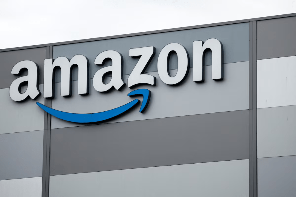 The logo of Amazon is pictured at the company logistics center in Carquefou near Nantes, France, October 15, 2024. REUTERS/Stephane Mahe