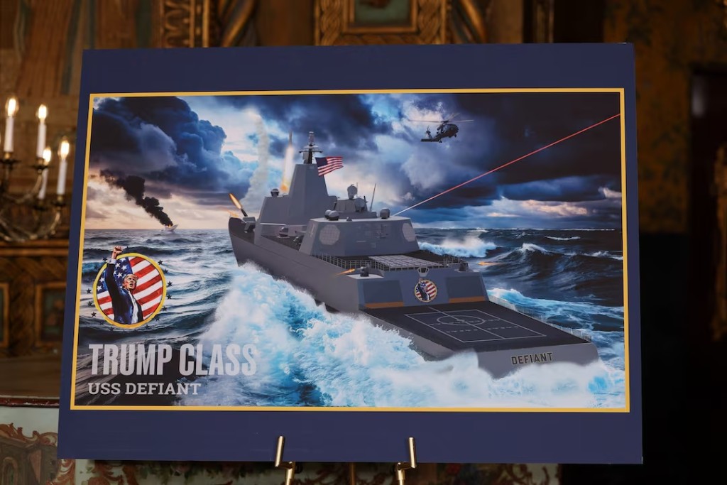 A rendering of 'Trump Class' USS Defiant is displayed, on the day U.S. President Donald Trump makes an announcement about the Navy's "Golden Fleet", at Mar-a-lago in Palm Beach, Florida, U.S., December 22, 2025. REUTERS/Jessica Koscielniak