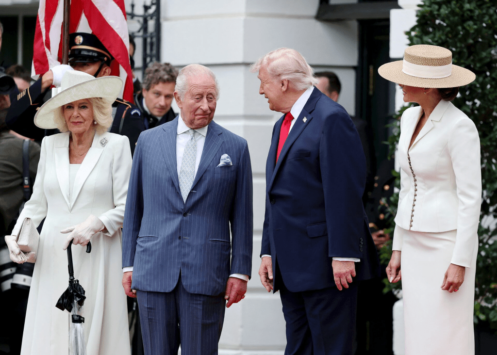 WASHINGTON, DC - APRIL 28: Queen Camilla, King Charles III, U.S. President Donald Trump and First Lady Melania Trump on day two of the State Visit of King Charles III and Queen Camilla to the United States of America, on April 28, 2026 in Washington, DC. Chris Jackson/Pool via REUTERS