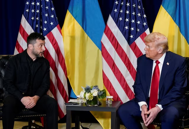 U.S. President Donald Trump meets with Ukrainian President Volodymyr Zelenskiy during the 80th United Nations General Assembly, in New York City, New York, U.S., September 23, 2025. REUTERS/Al Drago