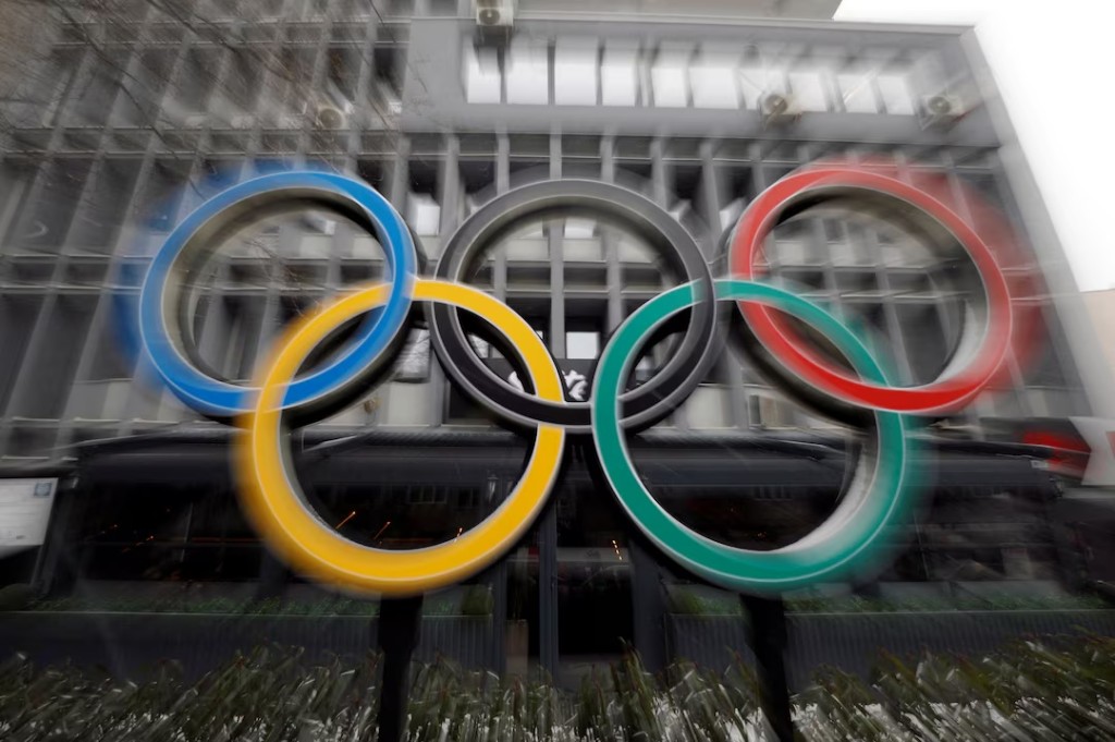  Olympic rings are pictured in Pristina, Kosovo, February 13, 2021. Picture taken with a zoom burst. REUTERS/Florion Goga 