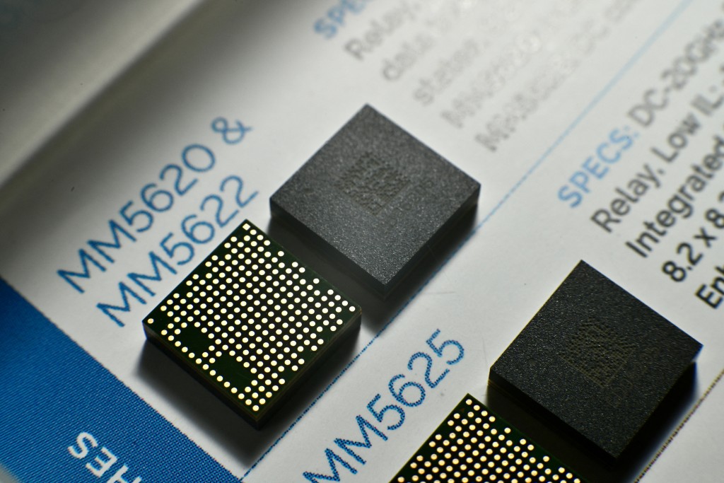 A switching chip, manufactured by Menlo Micro, an Irvine, California-based company, and used by Nvidia to test and validate its AI chips, November 18, 2025. REUTERS/Stephen Nellis