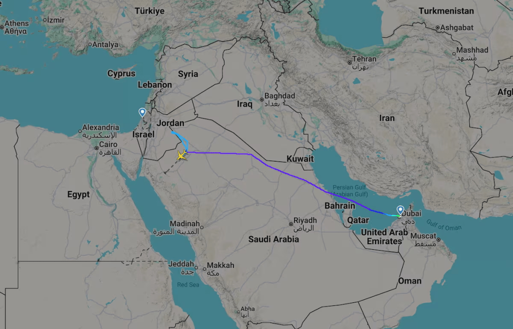 A screengrab taken from Flightradar24 shows a flydubai flight to Israel which was diverted to Saudi Arabia September 30, 2026. Flightradar24.com/Handout via REUTERS