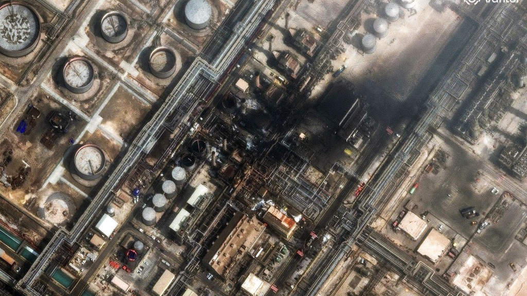 A satellite image shows fire in the Ras Tanura oil refinery in Saudi Arabia after a drone attack. Reuters