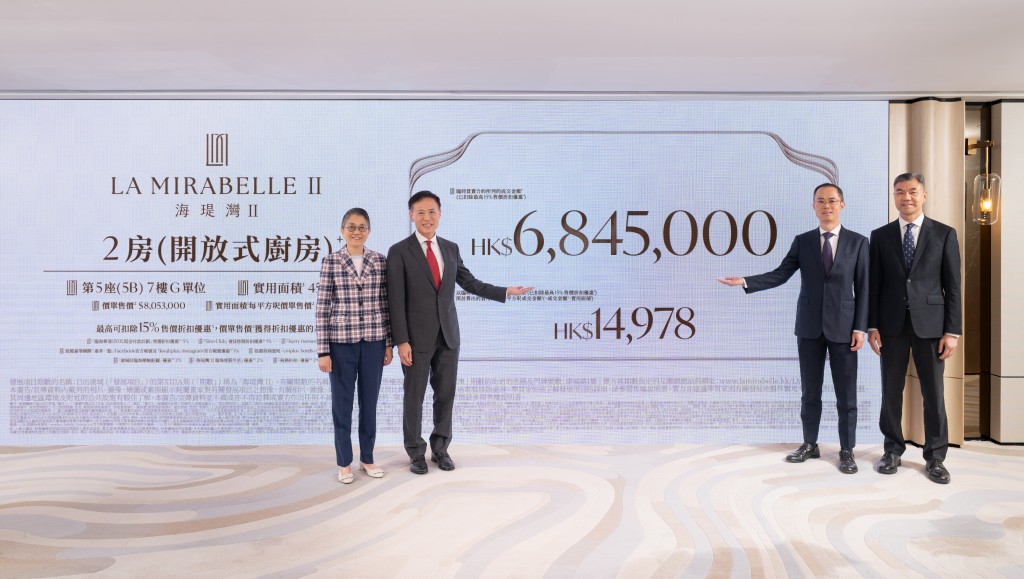 (From left) K. Wah Management Services Hong Kong properties development and leasing director Quinly Wan, Victor Tin, Calvin Tong, director and general manager for Hong Kong at Kerry Properties, and China Merchants Land executive director Wong King-yuen.