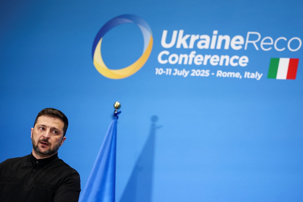Ukrainian President Volodymyr Zelenskiy attends a press conference on the first day of the two-day Ukraine Recovery Conference (URC2025), on plans for the reconstruction of Ukraine, in Rome, Italy, July 10, 2025. (Reuters)