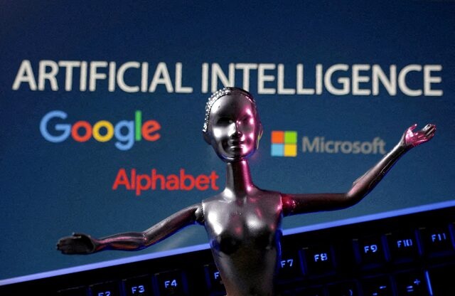 Google, Microsoft and Alphabet logos and AI Artificial Intelligence words are seen in this illustration taken, May 4, 2023. REUTERS/Dado Ruvic//File Photo