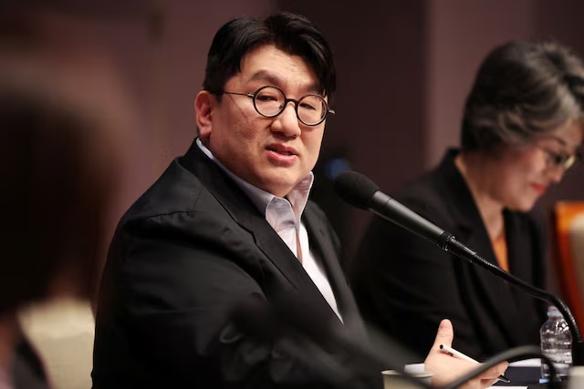 Bang Si-hyuk, Chairman of HYBE, speaks during a debate hosted by the Kwanhun club, in Seoul, South Korea, March 15, 2023. REUTERS/Kim Hong-Ji 