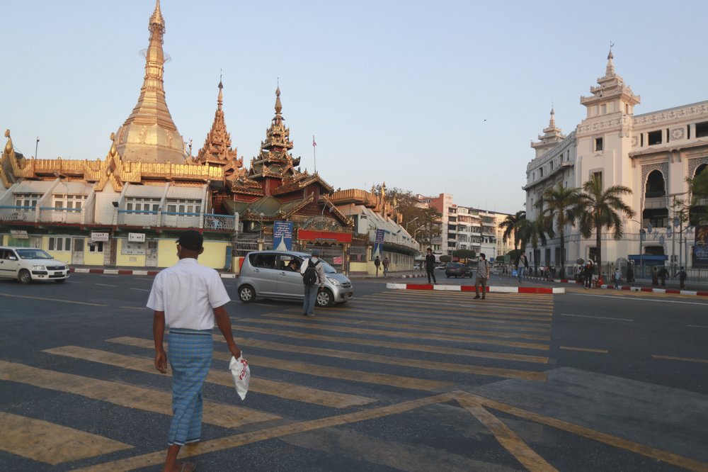 Activity near Sule Pagoda Monday, February 1, 2021 in Yangon, Myanmar. Activity near Sule Pagoda Monday, February 1, 2021 in Yangon, Myanmar.