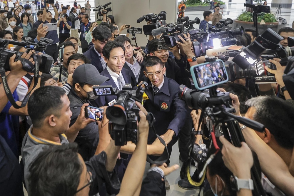 Former Move Forward Party leader Pita Limjaroenrat speaks to the members of the media in Bangkok, Thailand, August 7, 2024. (AP) Former Move Forward Party leader Pita Limjaroenrat speaks to the members of the media in Bangkok, Thailand, August 7, 2024. (AP)