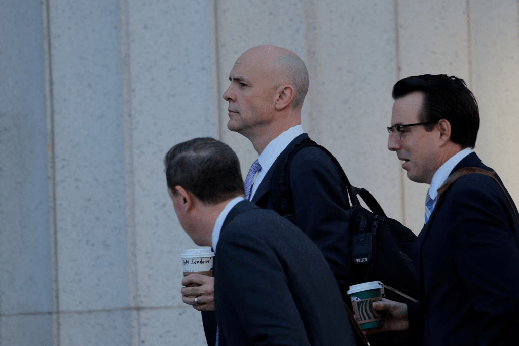 Lawyer Paul Schmidt, representing Meta, arrives at court on the day plaintiff Kaley G.M. takes the stand at a trial in a key test case accusing Meta and Google's YouTube of harming children's mental health through addictive social media platforms, in Los Angeles, California, U.S., February 25, 2026. REUTERS/Mike Blake 