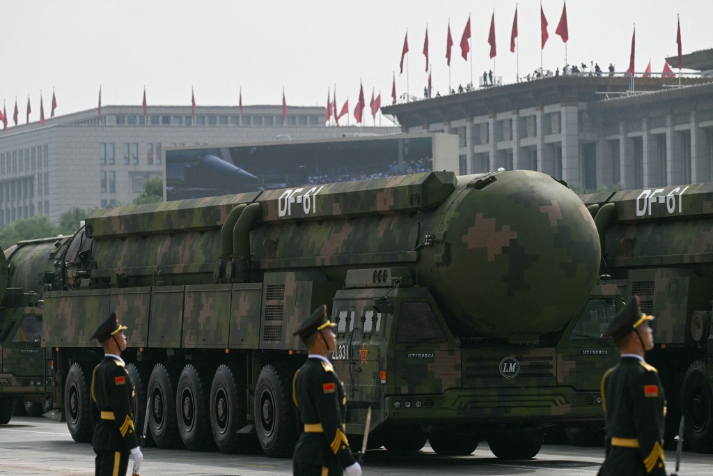 The DF-61 intercontinental ballistic missiles is seen during a military parade marking the 80th anniversary of victory over Japan and the end of World War II, in Beijing’s Tiananmen Square on September 3, 2025. (AFP)