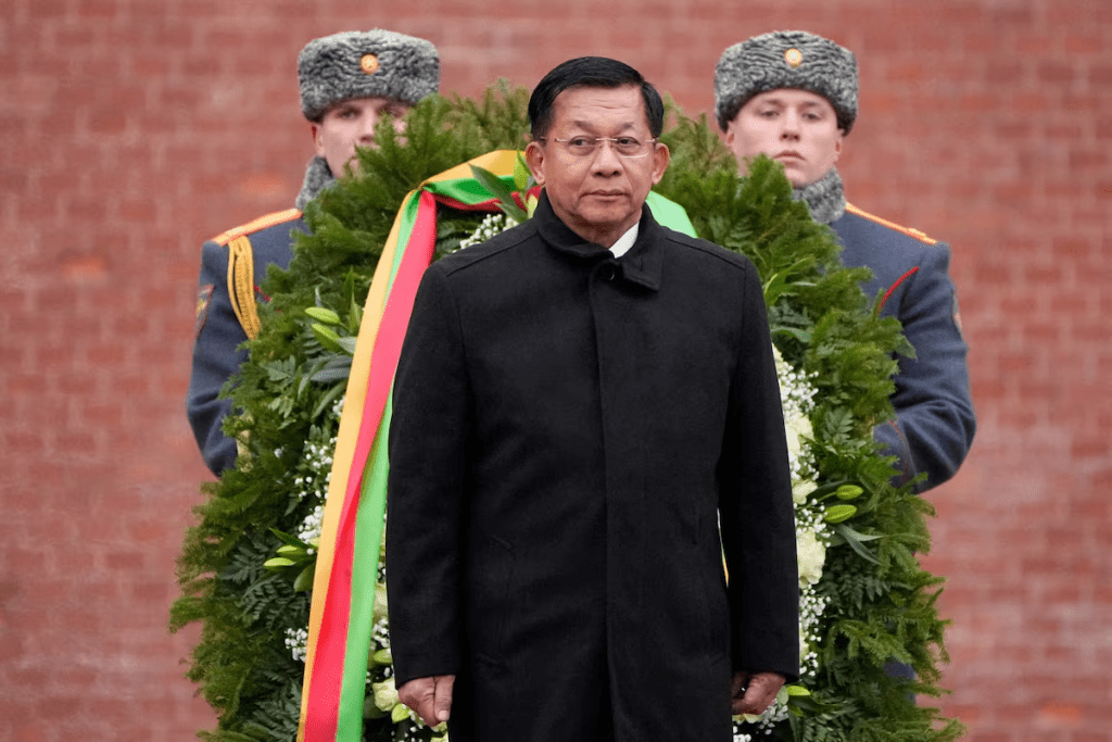 Myanmar's military chief Senior General Min Aung Hlaing attends a wreath-laying ceremony at the Tomb of the Unknown Soldier near the Kremlin Wall in central Moscow, Russia, March 4, 2025. Alexander Zemlianichenko/Pool via REUTERS/File Photo