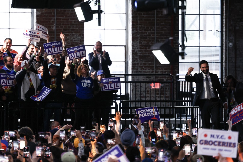 New York City Mayor Zohran Mamdani fist pumps after speaking during his 100 Day Address in Maspeth, New York on April 12, 2026/ CHARLY TRIBALLEAU/AFP