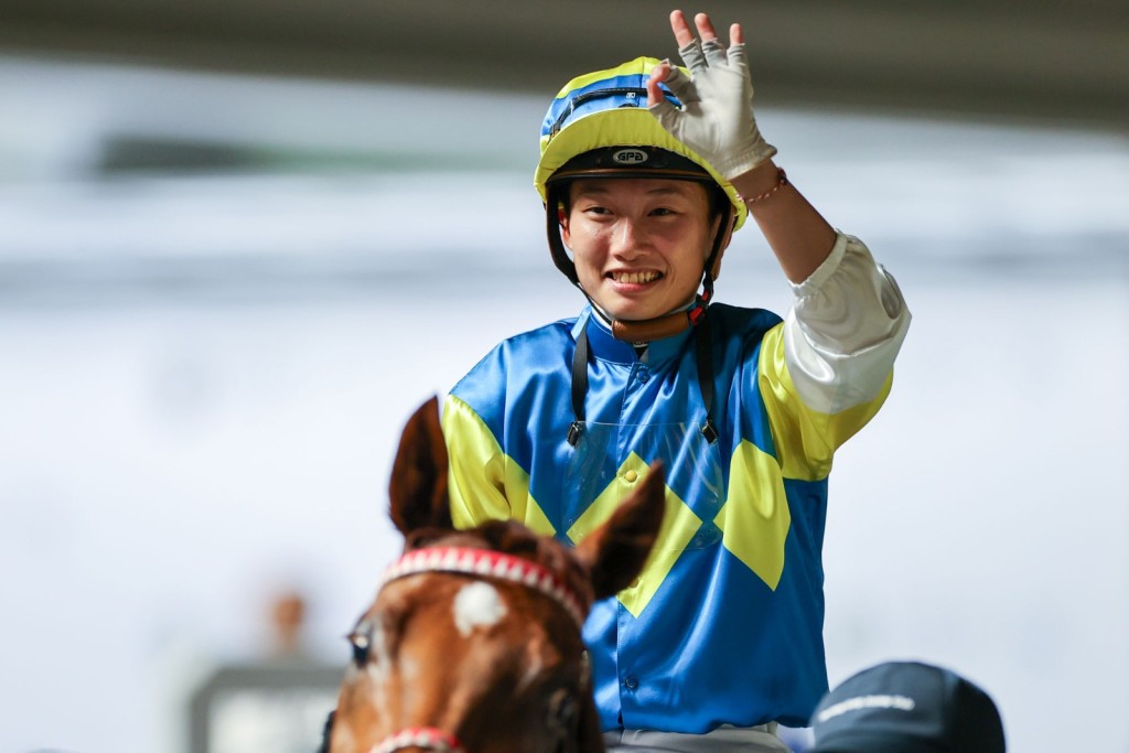 NIchola Yuen celebrates a treble at Sha Tin's all-weather meeting on Wednesday night. HKJC