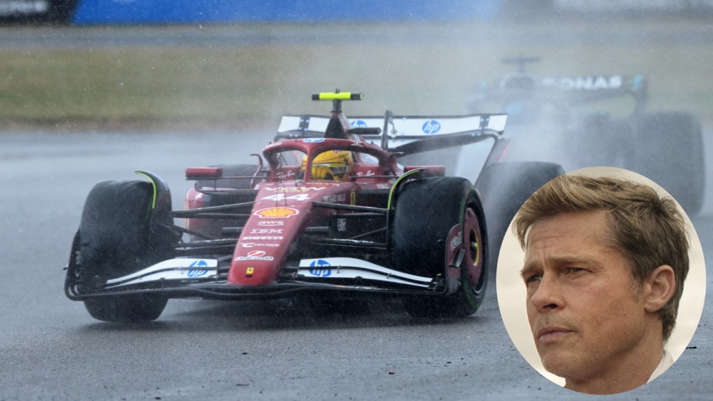 Lewis Hamilton in action during a F1 race; (insert) Brad Pitt stars in F1.