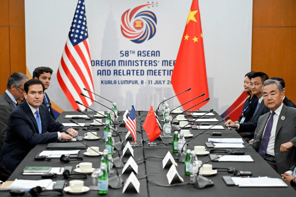 US Secretary of State Marco Rubio meets with China's Foreign Minister Wang Yi during the 58th ASEAN Foreign Ministers? meeting and related meetings at the Convention Centre in Kuala Lumpur on July 11, 2025. MANDEL NGAN/Pool via REUTERS 