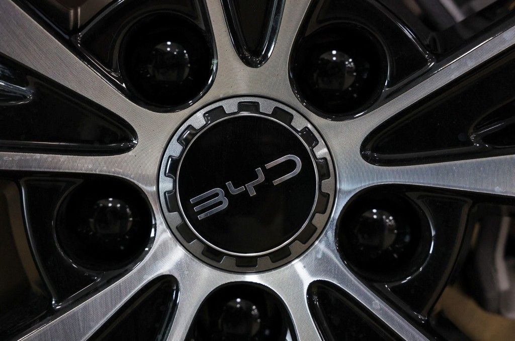 A BYD logo is displayed on a car at a dealership in Sant Cugat del Valles, near Barcelona, Spain, September 12, 2025. REUTERS