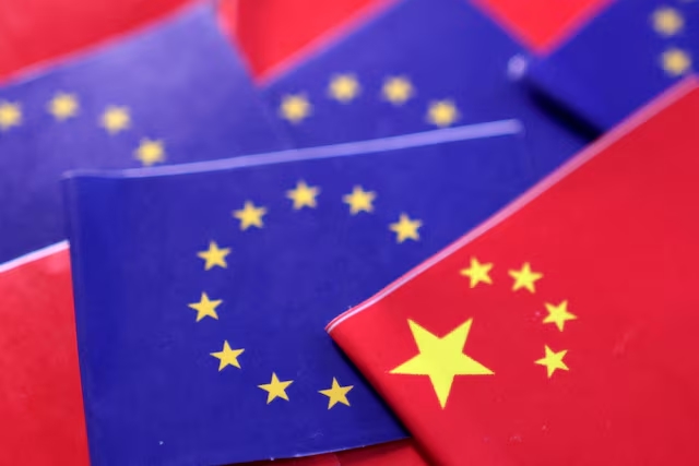 EU and Chinese flags are seen in this illustration taken, March 20, 2025. (Reuters)