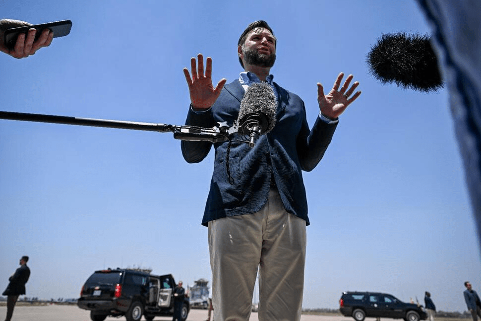 U.S. Vice President JD Vance speaks to media as he departs Agra, India en route to Jaipur, India after visiting the Taj Mahal on Wednesday, April 23, 2025, in Agra, India. (Kenny Holston/The New York Times via AP, Pool)