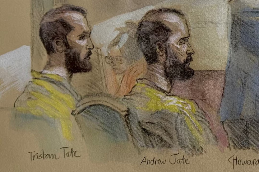 Social media influencers Andrew and Tristan Tate sit as their lawyer Howard Srebnick urges U.S. Magistrate Judge Lauren Louis to release the brothers on bail from a Miami jail as they contest extradition to Britain, where they are wanted on rape charges, at the federal C. Clyde Atkins U.S. Courthouse in Miami, Florida, U.S. August 27, 2026 in this courtroom sketch. Omnimedia Arts Inc/Lothar Speer via REUTERS 