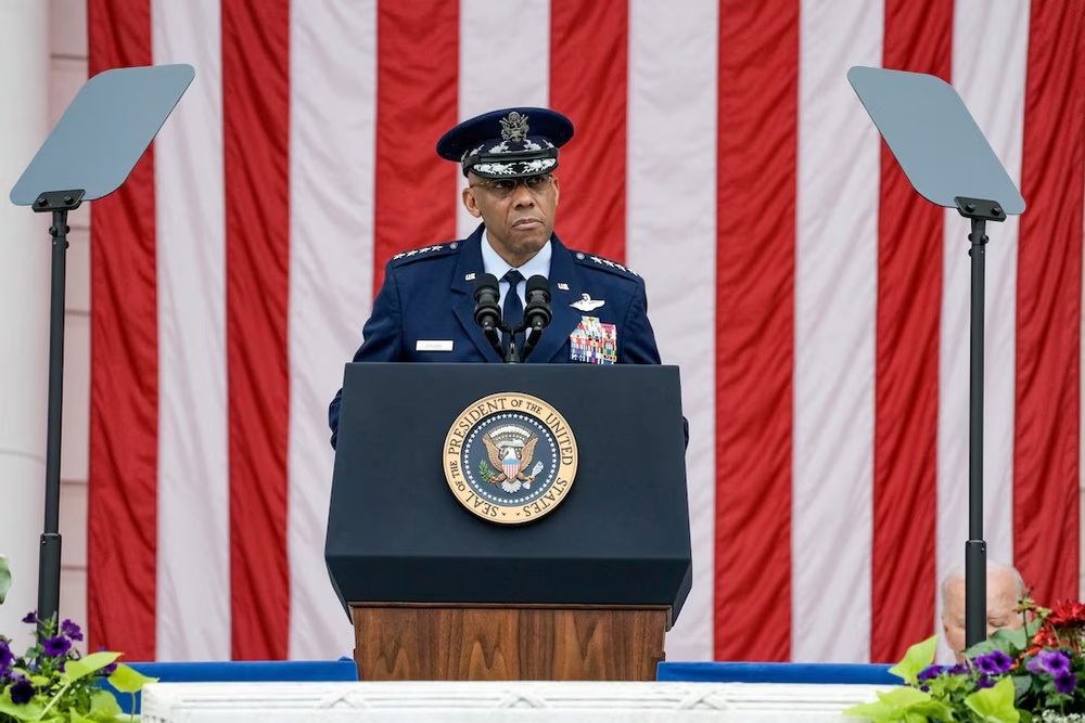 U.S. Chairman of the Joint Chiefs of Staff General Charles Q. Brown speaks during annual Memorial Day in Arlington National Cemetery in Arlington, Virginia, U.S., May 27, 2024. (Reuters) U.S. Chairman of the Joint Chiefs of Staff General Charles Q. Brown speaks during annual Memorial Day in Arlington National Cemetery in Arlington, Virginia, U.S., May 27, 2024. (Reuters)