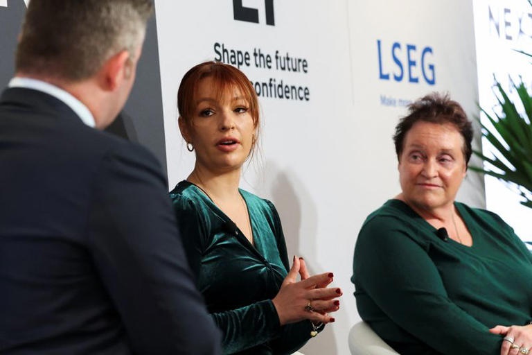 KaLeigh Long, Founder & Chief Executive Officer at Westwin Elements and Melissa Sanderson, Director at American Rare Earths take part in a conversation with Reuters Americas Mining Correspondent Ernest Scheyder, during the Reuters NEXT conference in New York City, U.S., December 4, 2025. REUTERS/Brendan McDermid