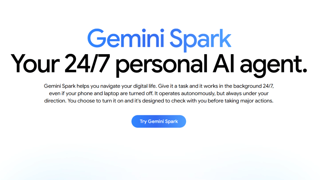 The Gemini Spark webpage details its autonomous capabilities to execute complex tasks.
