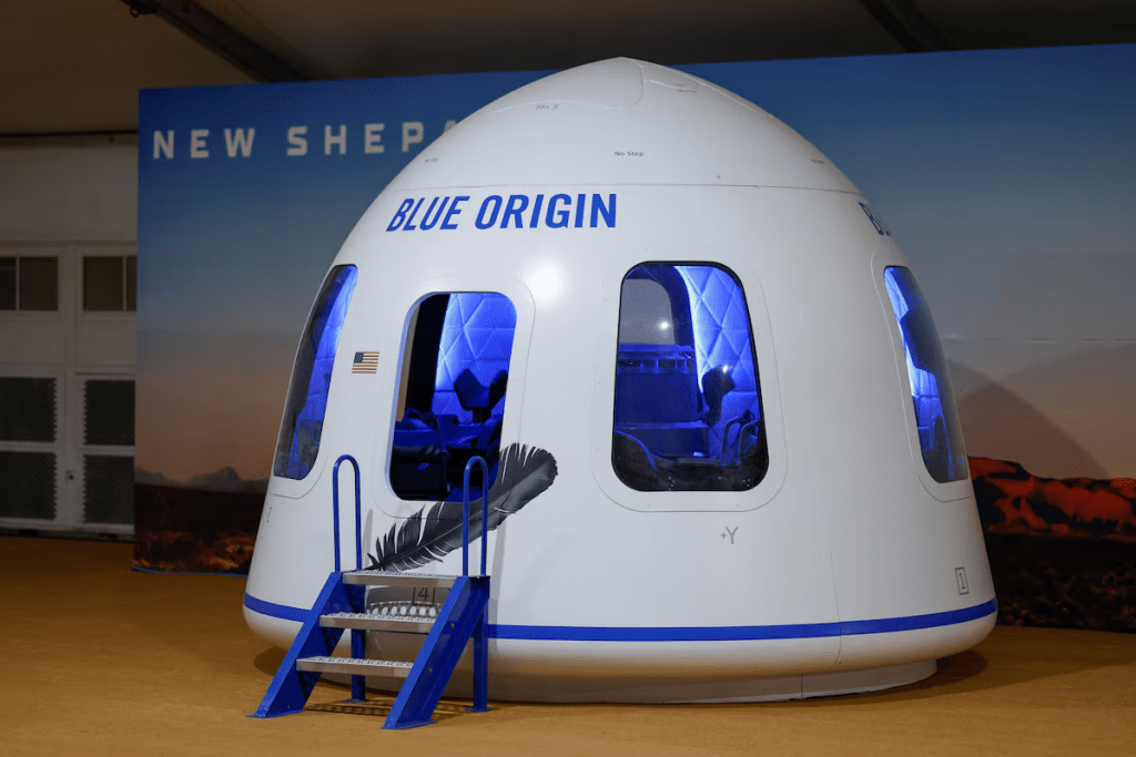 A replica of the astronaut capsule is displayed at the Blue Origin site, on the day the Blue Origin's rocket New Shepard blasts off on billionaire Jeff Bezos's company's fourth suborbital tourism flight with a six-person crew near Van Horn, Texas, U.S., March 31, 2022. REUTERS/Ivan Pierre Aguirre