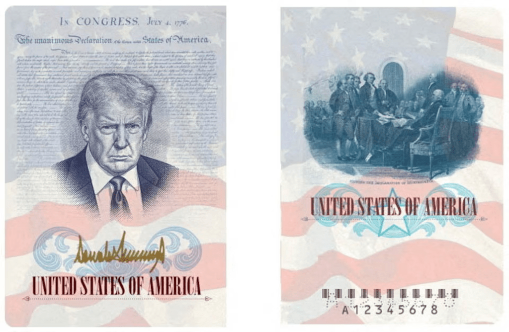 A U.S. passport featuring an image and signature of U.S. President Donald Trump is seen this rendering released by the State Department in Washington, D.C., U.S., April 28, 2026. U.S. State Department/Handout via REUTERS 