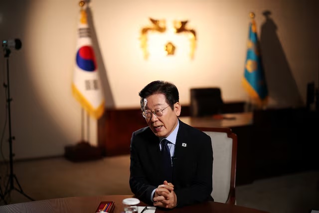 South Korean President Lee Jae Myung answers a reporter's question during an interview with Reuters at the Presidential Office in Seoul, South Korea, September 19, 2025. REUTERS/Kim Hong-Ji
