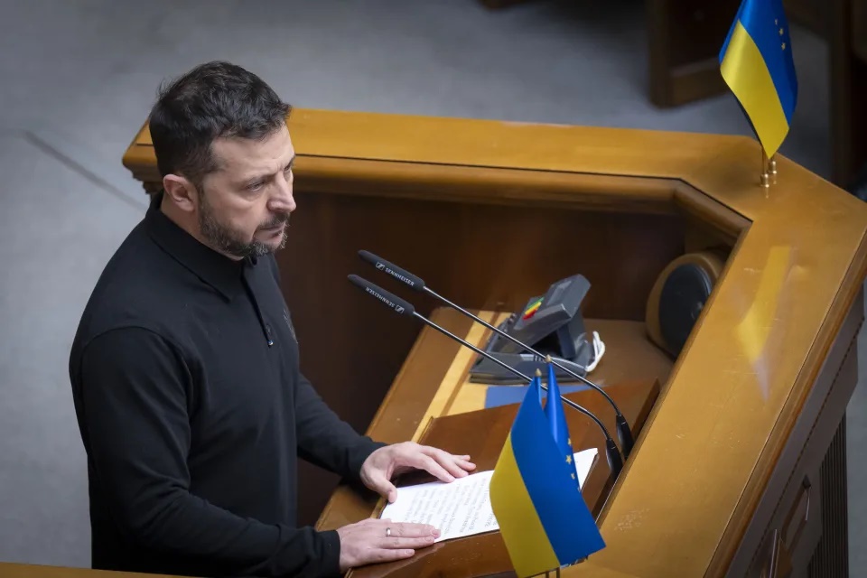 In this photo provided by the Press Service Of The President Of Ukraine on Oct. 16, 2024, Ukraine's President Volodymyr Zelenskyy speaks to parliamentarians at Verkhovna Rada in Kyiv, Ukraine. (Press Service Of The President Of Ukraine via AP) In this photo provided by the Press Service Of The President Of Ukraine on Oct. 16, 2024, Ukraine's President Volodymyr Zelenskyy speaks to parliamentarians at Verkhovna Rada in Kyiv, Ukraine. (Press Service Of The President Of Ukraine via AP)