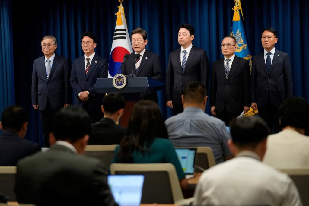 South Korean President Lee Jae-myung, speaks during a press conference with top aides at the Presidential office in Seoul, South Korea, Wednesday, June 4, 2025. Ahn Young-joon/Pool via REUTERS