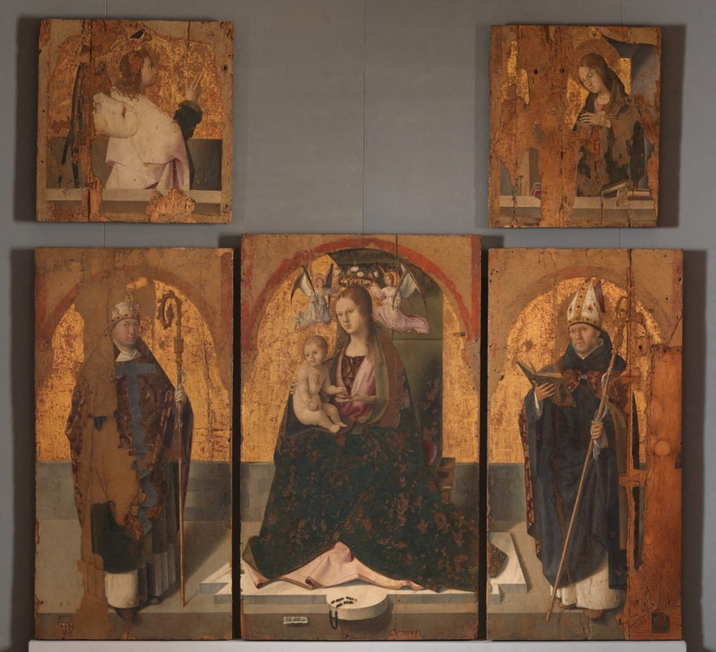 The five surviving panels of Antonello da Messina's 1473 "Polittico di San Gregorio" (San Gregorio Polyptych), three of which were stolen from the Museo Regionale Accascina in Messina, Italy, in this undated handout photo obtained by Reuters in August 16, 2026. (Reuters)
