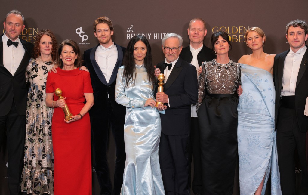 (L/R) Nicolas Gonda, Maggie O'Farrell, Pippa Harris, Joe Alwyn, Chloe Zhao, Steven Spielberg, Max Richter, Liza Marshall, Jessie Buckley, Paul Mescal and Jacobi Jupe, winners of the Best Motion Picture - Drama Award for "Hamnet", pose in the press room during the 83rd annual Golden Globe Awards at the Beverly Hilton hotel in Beverly Hills, California, on January 11, 2026. (AFP)
