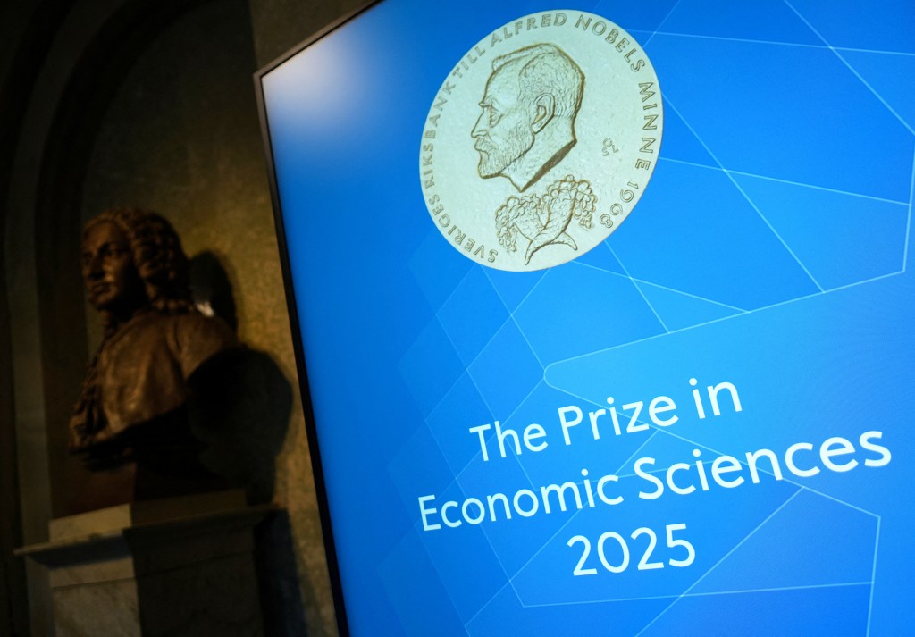 A screen displays an image of Nobel Prize medal, ahead of the announcement of the Nobel Prize in Economic Sciences at the Royal Swedish Academy of Sciences, in Stockholm, Sweden October 13, 2025. REUTERS