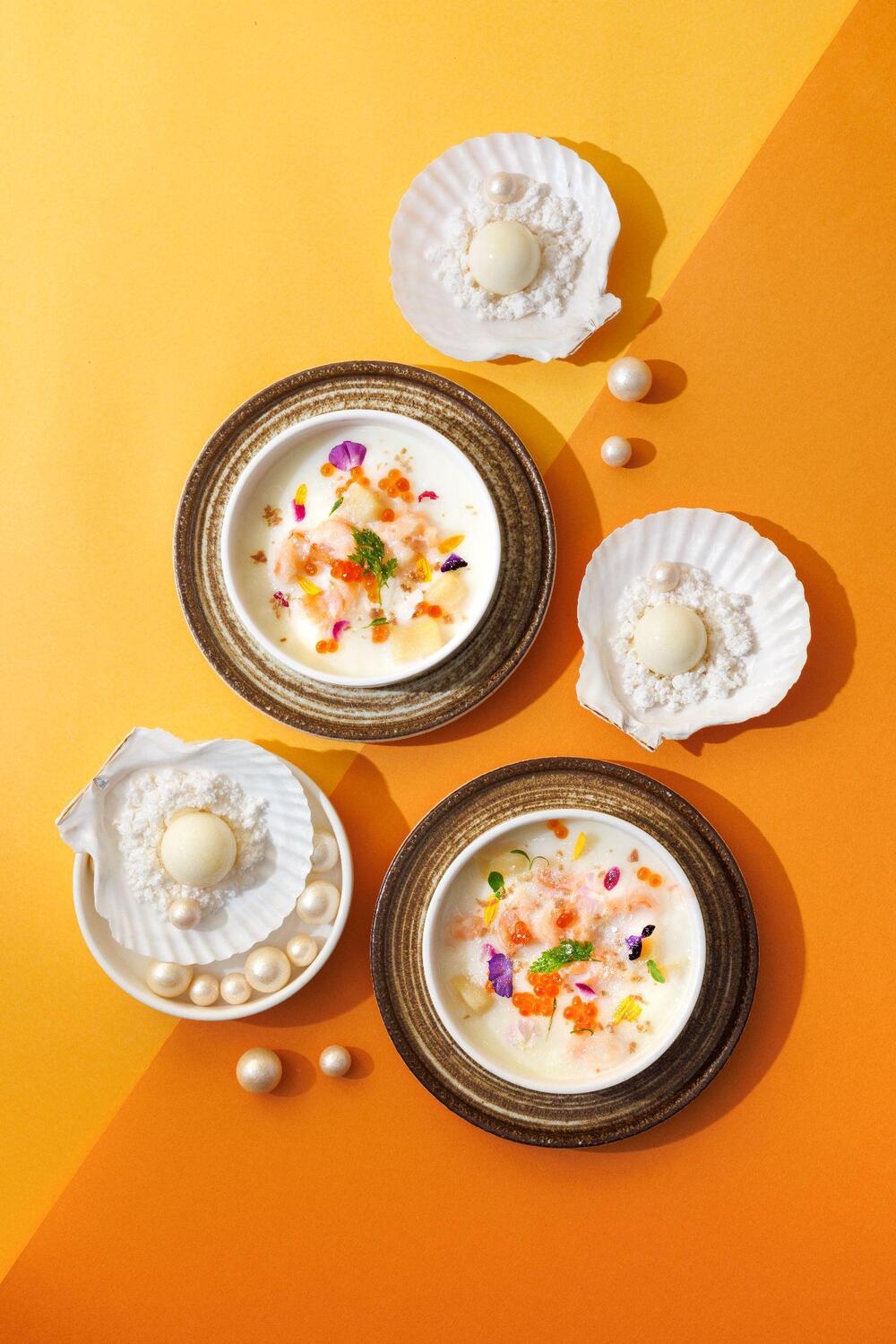 Steamed Egg White with Pearl Powder and Coconut Mousse with Pearl Powder. Steamed Egg White with Pearl Powder and Coconut Mousse with Pearl Powder.