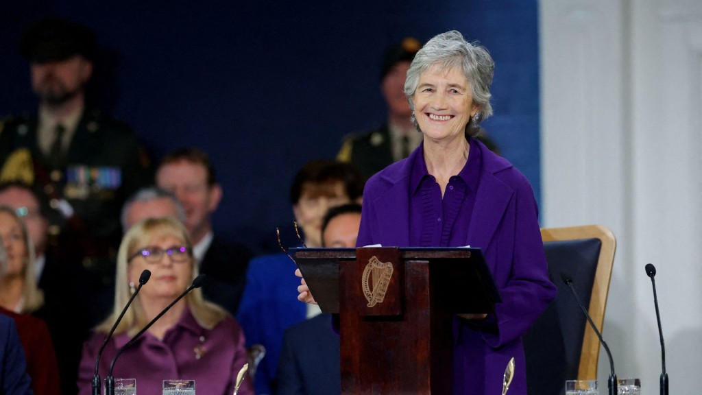 Irish President Catherine Connolly speaks after her Presidential Inauguration at Dublin Castle