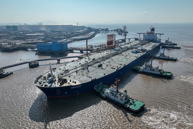 An aerial view shows a crude oil tanker at an oil terminal off Waidiao island in Zhoushan, Zhejiang province, China January 4, 2023. China Daily via REUTERS/ File Photo