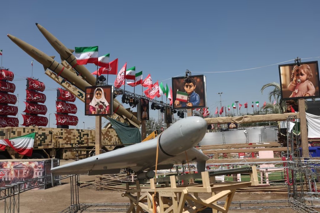 An Iranian drone and an Iranian missile system are displayed in Azadi Square in Tehran, Iran, July 30, 2026. Majid Asgaripour/WANA (West Asia News Agency) via REUTERS/ File Photo