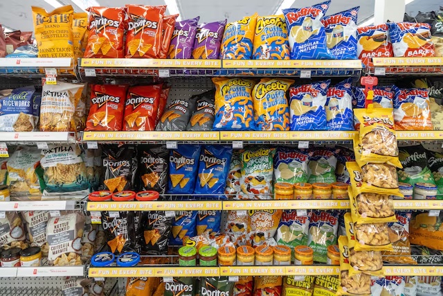 Bags of chips and other snack foods are displayed on shelves at a store in Hamilton, Ontario, Canada, January 28, 2025. REUTERS/Carlos Osorio 
